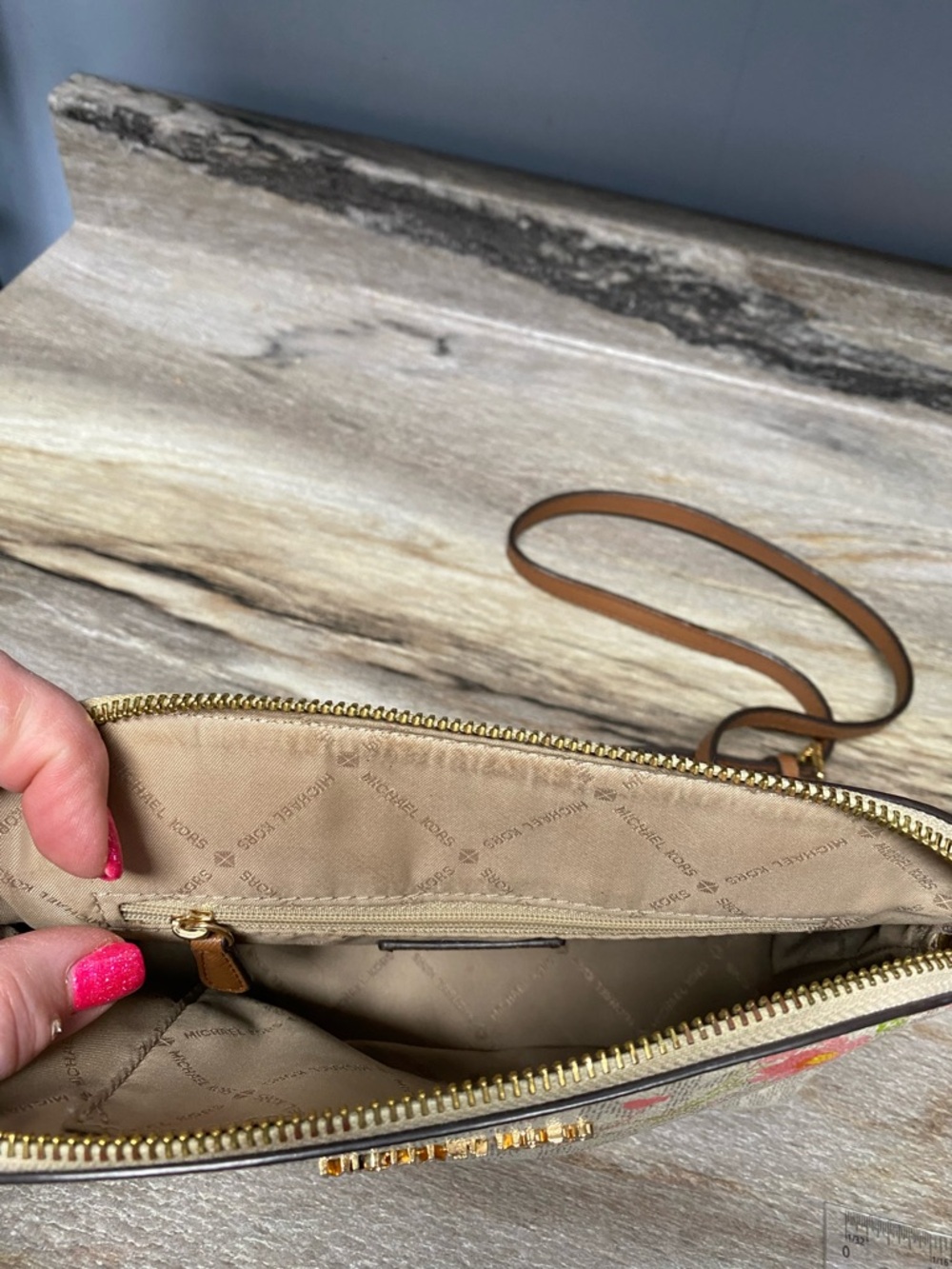 Michael Kors White Floral MK Monogram Cross body bag with Pink & Yellow Blooms - Picture 8 of 12